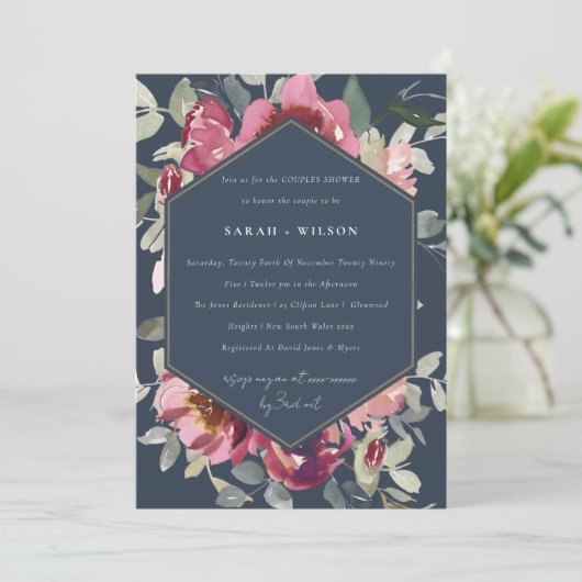 NAVY BLUSH BURGUNDY ROOS COUPLY SHOWER INVITE BEDANKKAART (Staand voorkant)