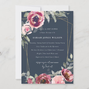 NAVY BLUSH BURGUNDY ROOS FLORAL BABY SHOWER INVITE BEDANKKAART