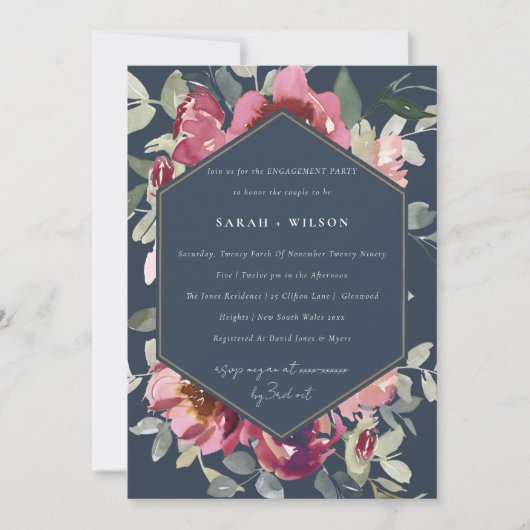 NAVY BLUSH BURGUNDY ROOS FLORAL VERLOVING INVITE BEDANKKAART (Voorkant)