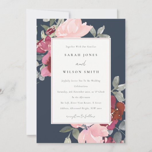 NAVY BLUSH BURGUNDY ROOS FLORAL WEDDING INVITE BEDANKKAART (Voorkant)