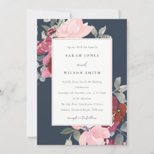 NAVY BLUSH BURGUNDY ROOS FLORAL WEDDING INVITE BEDANKKAART