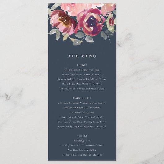 NAVY BLUSH BURGUNDY WATERVERF FLORAL WEDING MENU (Voorkant)