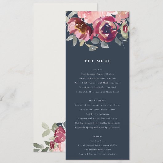 NAVY BLUSH BURGUNDY WATERVERF FLORAL WEDING MENU (Voorkant / Achterkant)