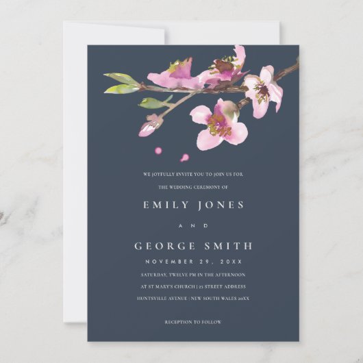 NAVY BLUSH CHERRY BLOSSOM FLORAL WEDDING INVITE BEDANKKAART (Voorkant)