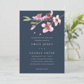 NAVY BLUSH CHERRY BLOSSOM FLORAL WEDDING INVITE BEDANKKAART (Staand voorkant)