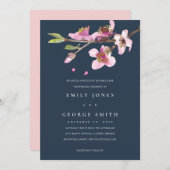 NAVY BLUSH CHERRY BLOSSOM FLORAL WEDDING INVITE BEDANKKAART (Voorkant / Achterkant)