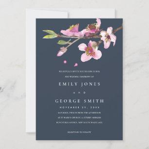 NAVY BLUSH CHERRY BLOSSOM FLORAL WEDDING INVITE BEDANKKAART