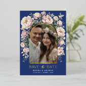 Navy Blush Chinoiserie Flowers Photo Save the Date Folie Uitnodiging (Staand Voorkant)