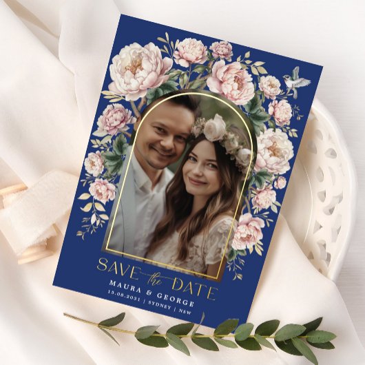 Navy Blush Chinoiserie Flowers Photo Save the Date Folie Uitnodiging