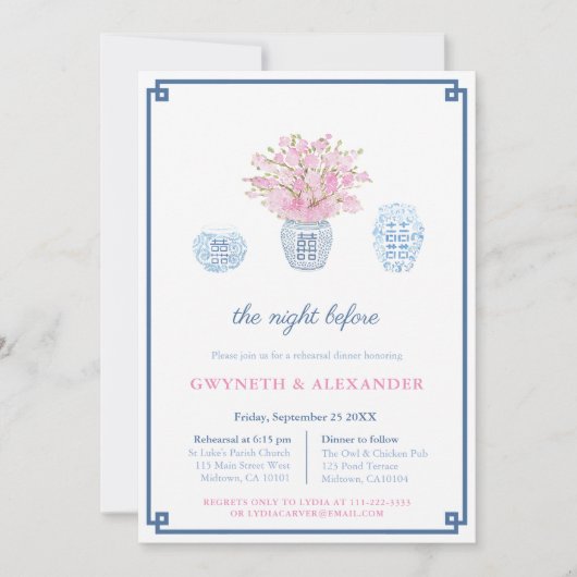 Navy Blush Chinoiserie Wedding Rehearsal & Dinner Kaart (Voorkant)