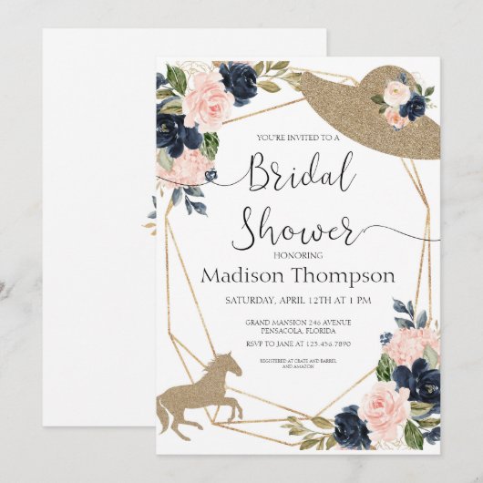 Navy Blush Derby Bridal Shower Kaart (Voorkant / Achterkant)