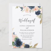 Navy & Blush Elegance: Prachtige Floral Wedding Kaart (Voorkant)