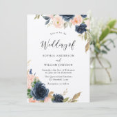 Navy & Blush Elegance: Prachtige Floral Wedding Kaart (Staand voorkant)