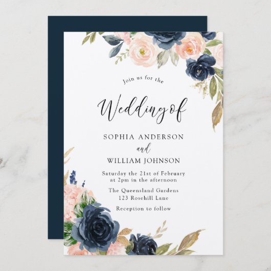 Navy & Blush Elegance: Prachtige Floral Wedding Kaart (Voorkant / Achterkant)