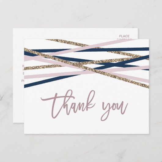 Navy Blush en Gold Streamers Dank u Briefkaart (Voorkant / Achterkant)