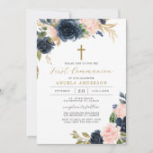 Navy Blush First Communitation Invitation Kaart (Voorkant)