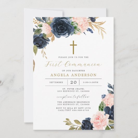 Navy Blush First Communitation Invitation Kaart (Voorkant)