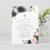 Navy Blush First Communitation Invitation Kaart (Staand voorkant)