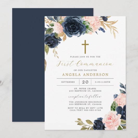 Navy Blush First Communitation Invitation Kaart (Voorkant / Achterkant)