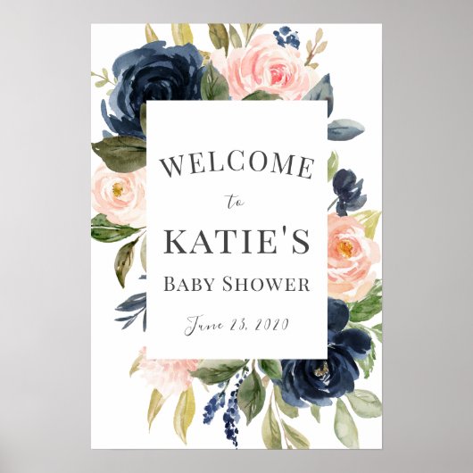 Navy & Blush Floral Baby shower Welkom Poster (Voorkant)
