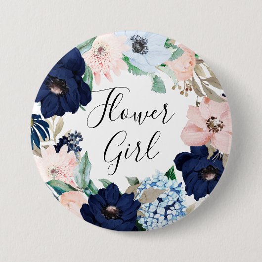 Navy & Blush Floral Bloemenmeisje Ronde Button 7,6 Cm (Voorkant)