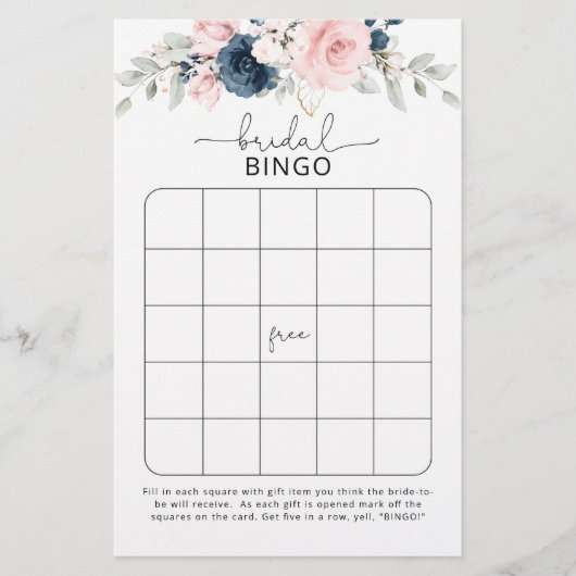Navy blush floral Bridal bingo game (Voorkant)