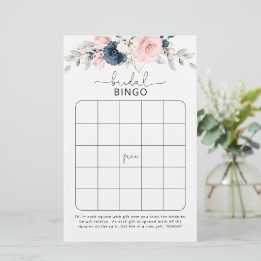 Navy blush floral Bridal bingo game (Staand voorkant)