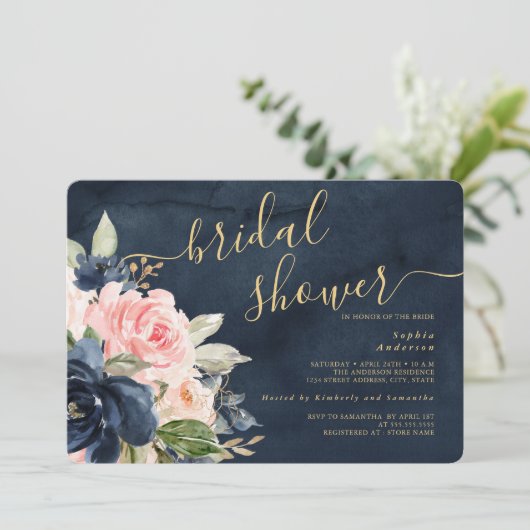Navy Blush Floral Bridal Shower Kaart (Staand voorkant)