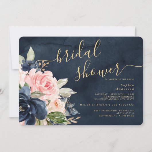 Navy Blush Floral Bridal Shower Kaart (Voorkant)