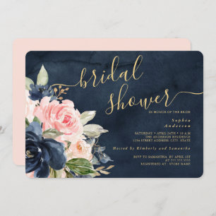 Navy Blush Floral Bridal Shower Kaart