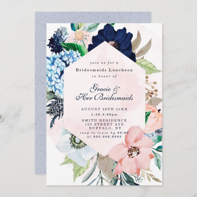 Navy Blush Floral Bridesmaids Luncheon Invites (Voorkant / Achterkant)