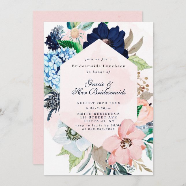 Navy Blush Floral Bridesmaids Luncheon Invites (Voorkant / Achterkant)