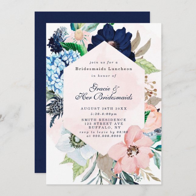 Navy Blush Floral Bridesmaids Luncheon Invites (Voorkant / Achterkant)