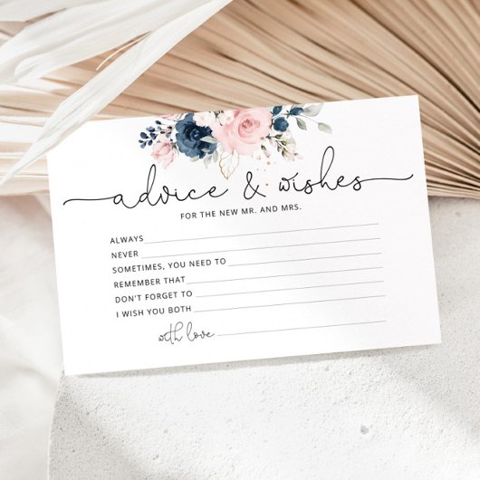 Navy blush floral bruiloft Advice and wenst card Briefpapier