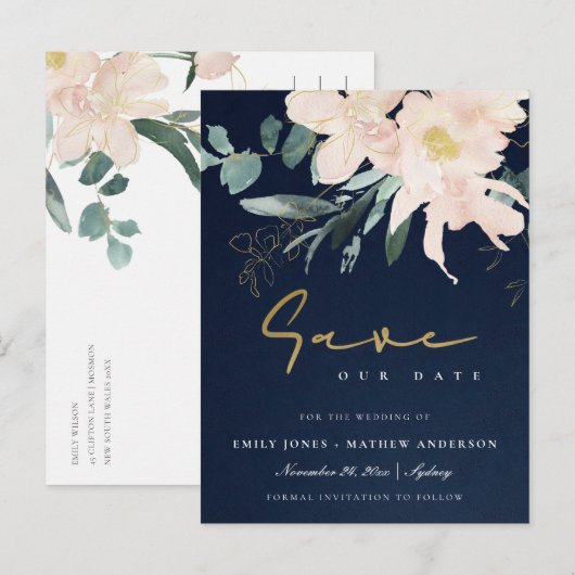 NAVY BLUSH FLORAL BUNCH WATERVERF BEWART DE DATUM AANKONDIGINGSKAART (Voorkant / Achterkant)