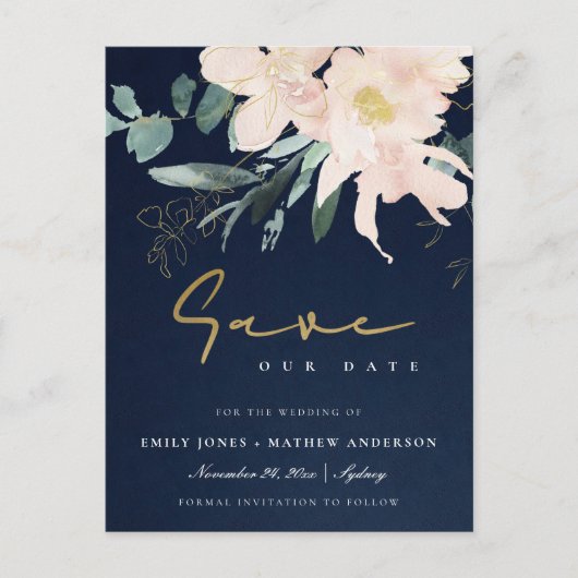 NAVY BLUSH FLORAL BUNCH WATERVERF BEWART DE DATUM AANKONDIGINGSKAART (Voorkant)