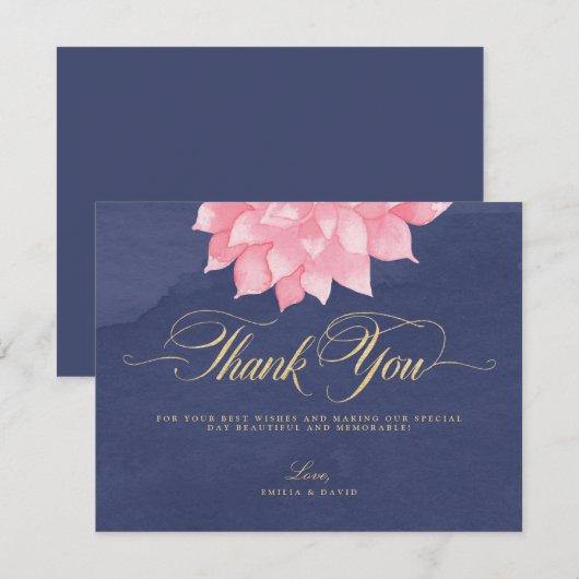 Navy Blush Floral Dahlia Bruiloft Dank u kaart (Voorkant / Achterkant)