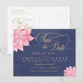 Navy Blush Floral Dahlia Save the Date Briefkaart (Voorkant / Achterkant)