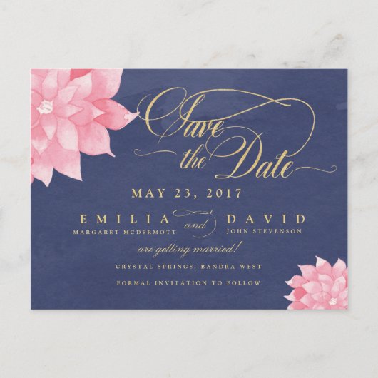 Navy Blush Floral Dahlia Save the Date Briefkaart (Voorkant)
