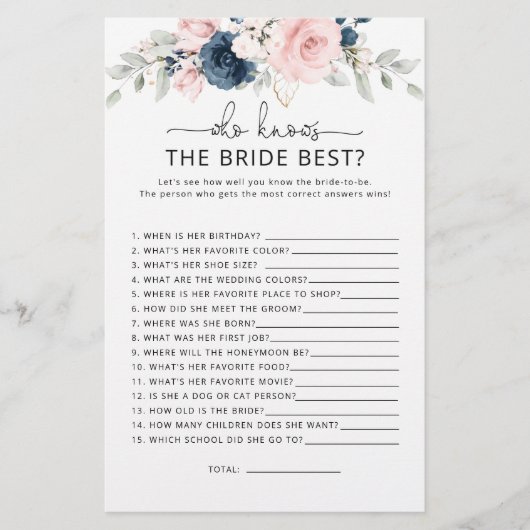 Navy blush floral die de beste wedstrijd kent (Voorkant)