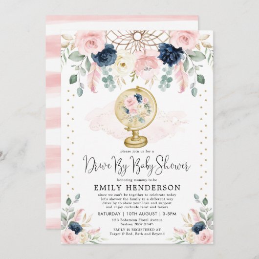Navy Blush Floral drive by Baby shower Quarantine Kaart (Voorkant / Achterkant)