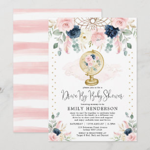 Navy Blush Floral drive by Baby shower Quarantine Kaart