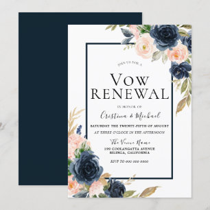 Navy & Blush Floral Elegant Vow Renewal Kaart