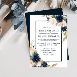 Navy & Blush Floral Elegant Wedding Kaart