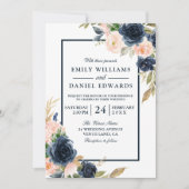 Navy & Blush Floral Elegant Wedding Kaart (Voorkant)