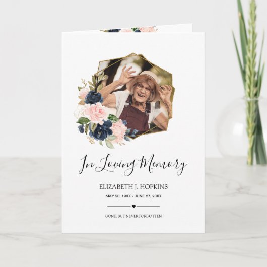 Navy Blush Floral Geometric Lijst 2 Foto Funeral Programma (Voorkant)