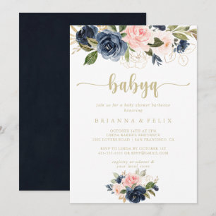 Navy Blush Floral Gold BabyQ Baby shower Barbecue Kaart