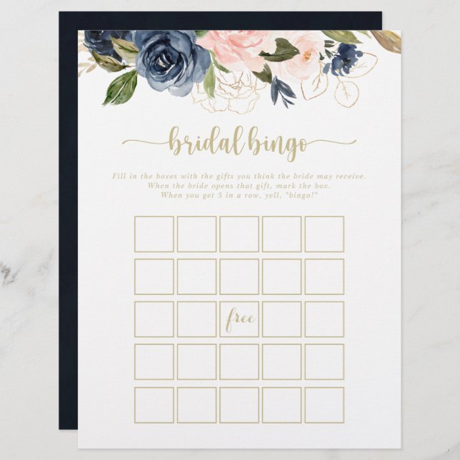 Navy Blush Floral Gold Bridal Bingo Game (Voorkant / Achterkant)