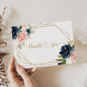 Navy Blush Floral Gold Geometric Flat Wedding Bedankkaart