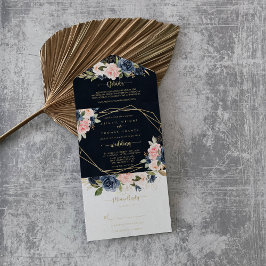 Navy Blush Floral Gold Geometric Wedding All In One Uitnodiging